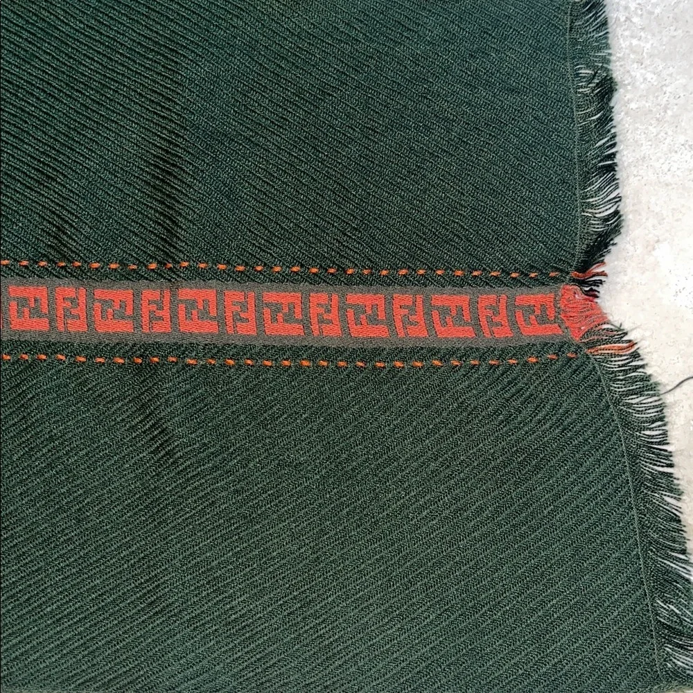 Vintage Fendi Dark Green w/Orange FF logo Wool Scarf - Picture 2 of 5